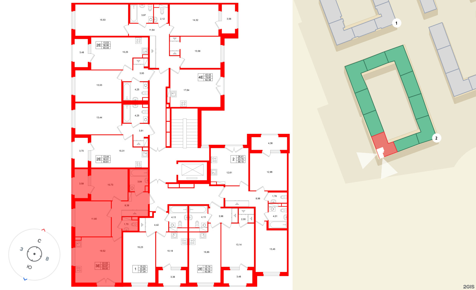 Квартира в ЖК «Дубровский», 2 комнатная, 55.97 м², 3 этаж