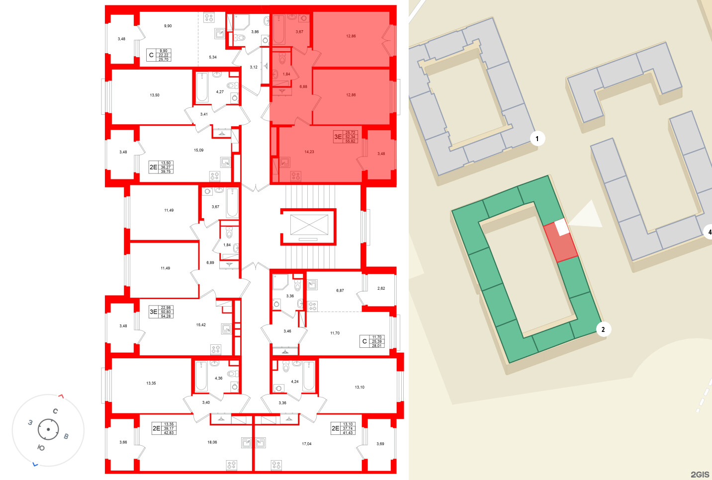 Квартира в ЖК «Дубровский», 2 комнатная, 52.34 м², 4 этаж
