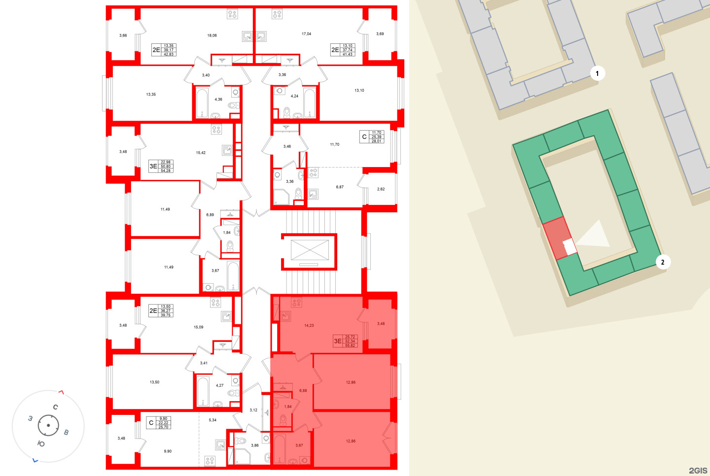 Квартира в ЖК «Дубровский», 2 комнатная, 52.34 м², 4 этаж