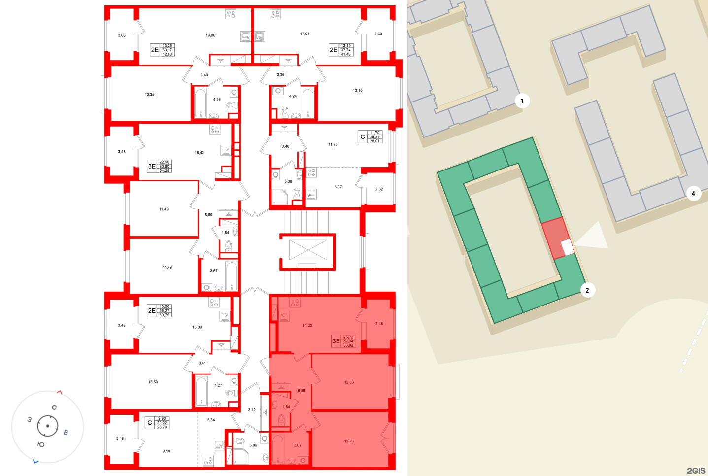 Квартира в ЖК «Дубровский», 2 комнатная, 52.34 м², 4 этаж