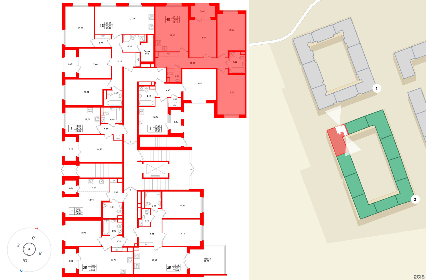 Квартира в ЖК Дубровский, 3 комнатная, 79.62 м², 1 этаж