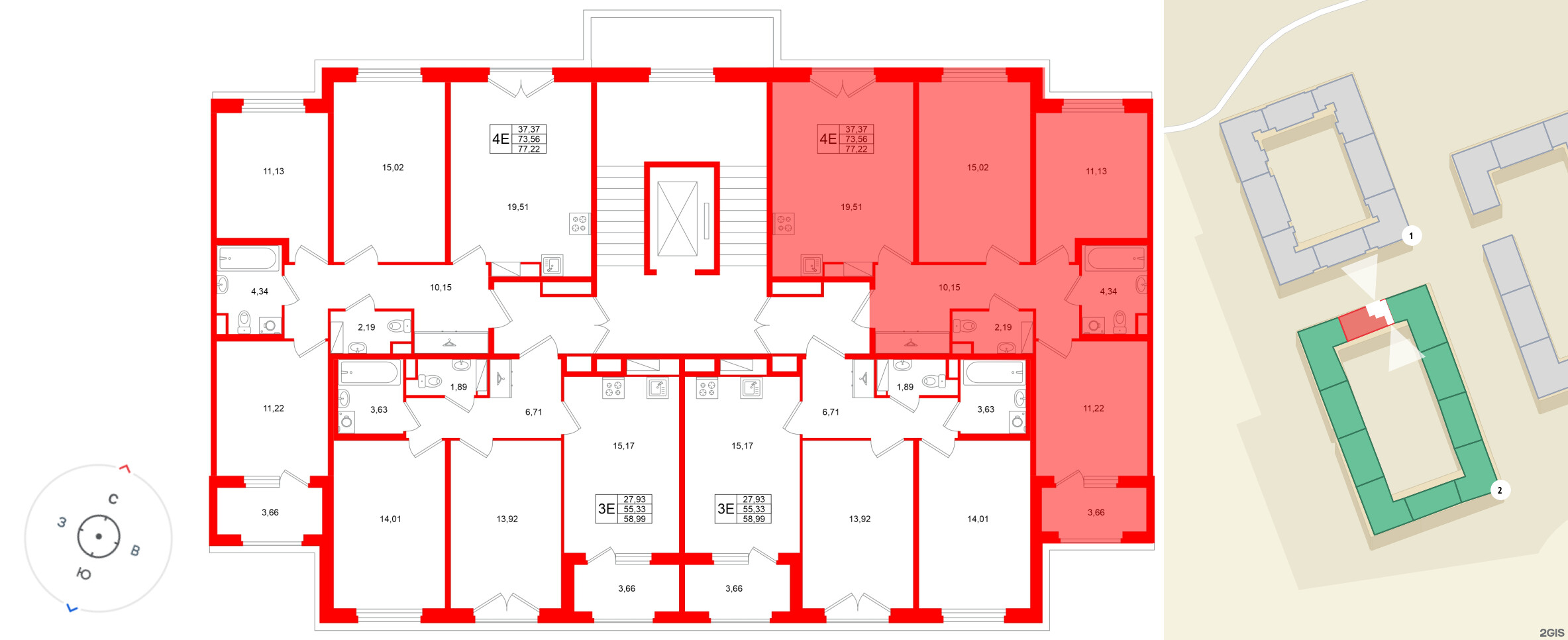 Квартира в ЖК Дубровский, 3 комнатная, 73.56 м², 2 этаж