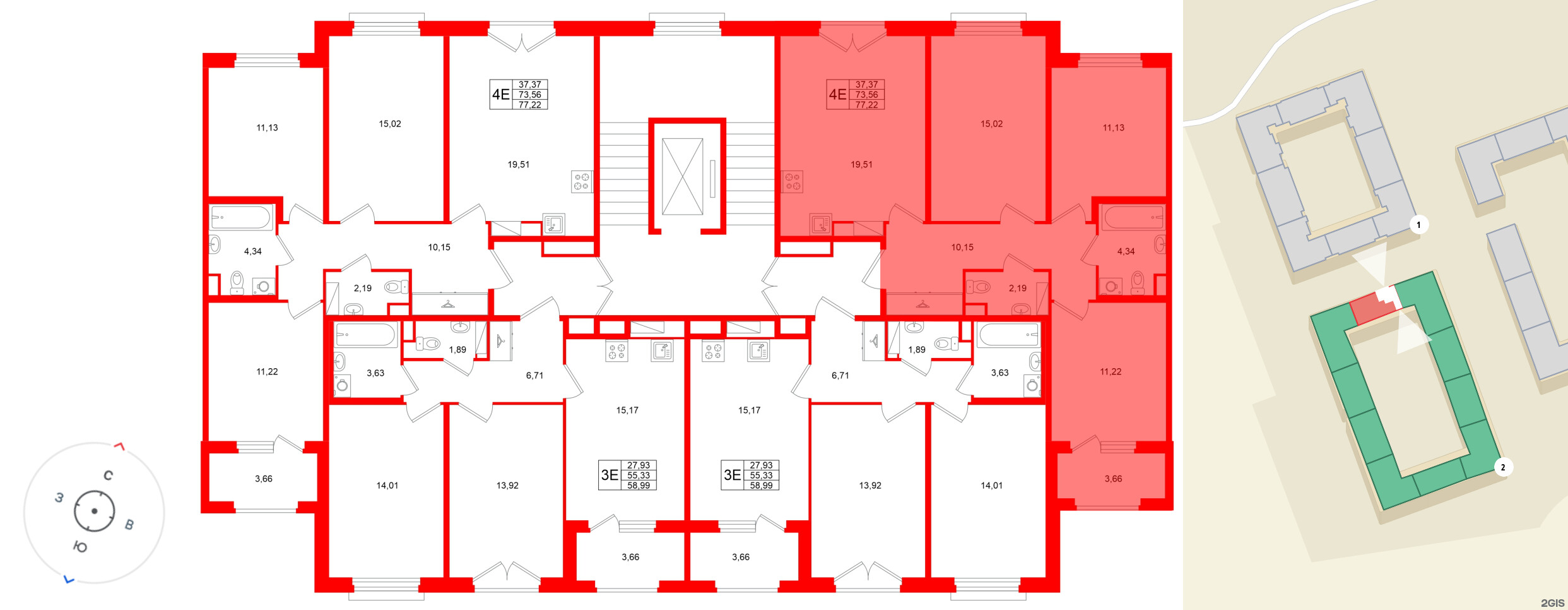 Квартира в ЖК Дубровский, 3 комнатная, 73.56 м², 4 этаж
