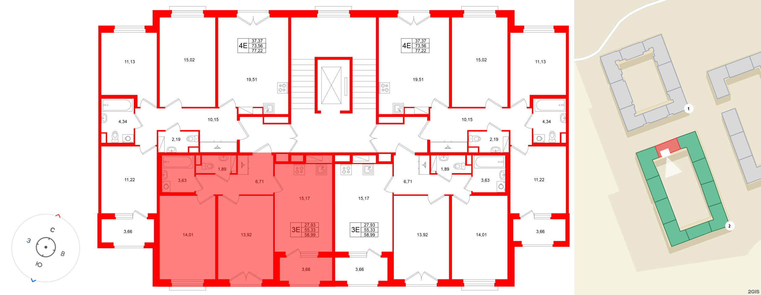Квартира в ЖК «Дубровский», 2 комнатная, 55.33 м², 4 этаж