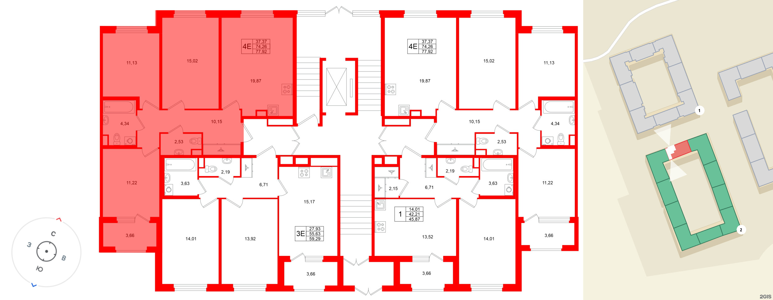 Квартира в ЖК Дубровский, 3 комнатная, 74.26 м², 1 этаж