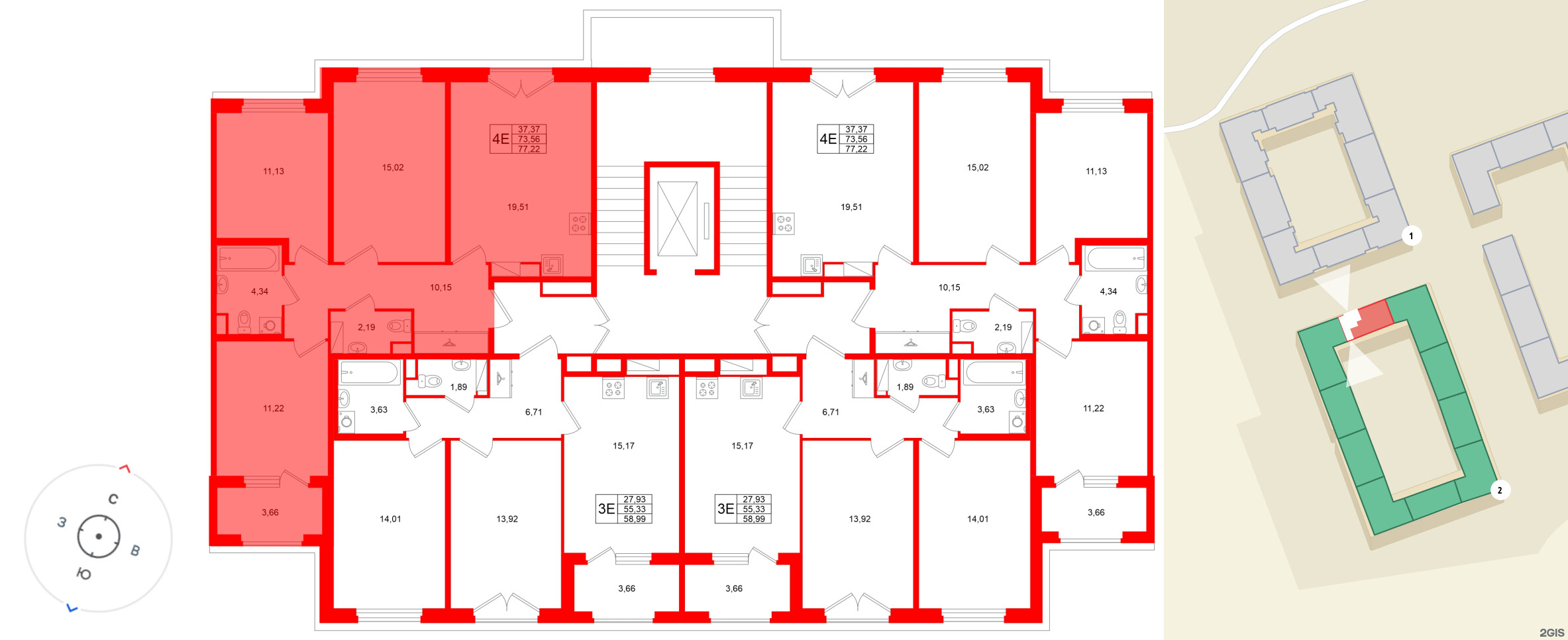 Квартира в ЖК Дубровский, 3 комнатная, 73.56 м², 2 этаж