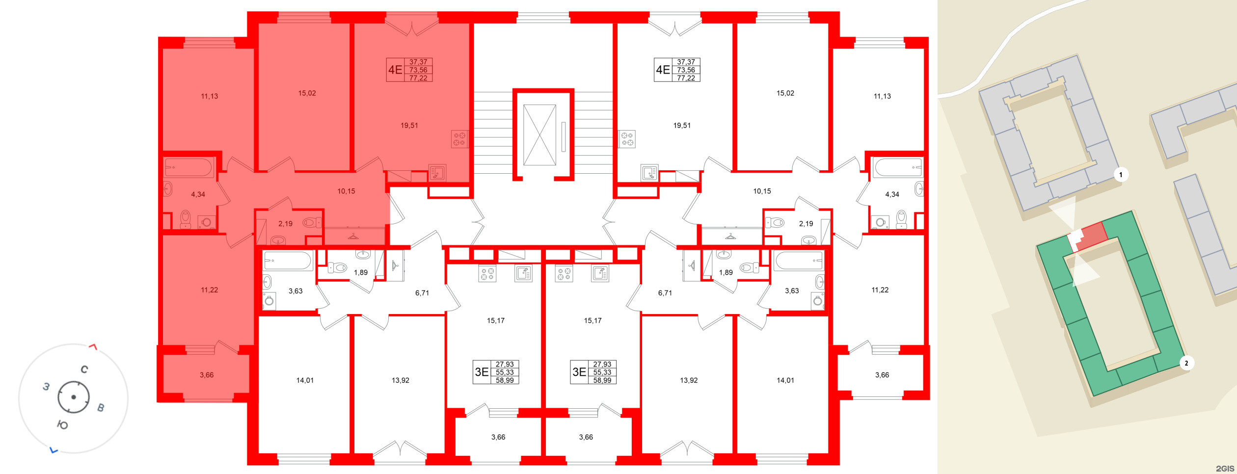 Квартира в ЖК Дубровский, 3 комнатная, 73.56 м², 3 этаж