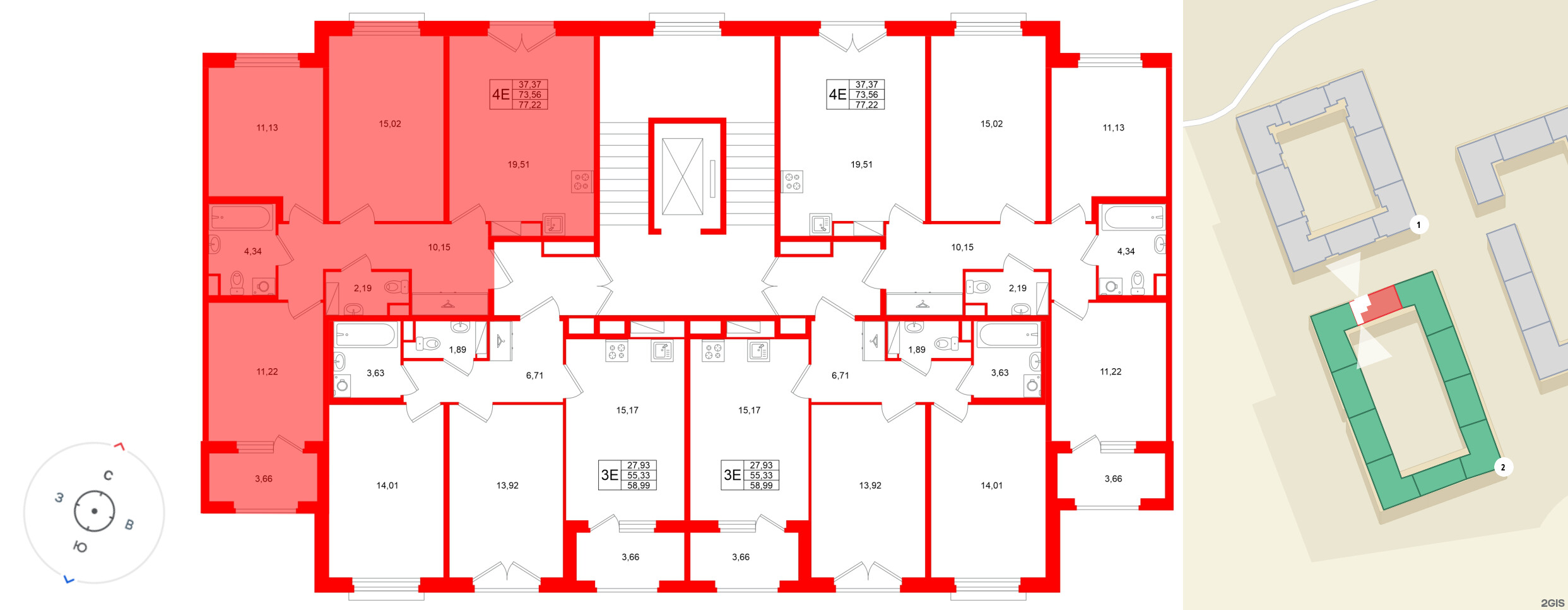 Квартира в ЖК Дубровский, 3 комнатная, 73.56 м², 4 этаж