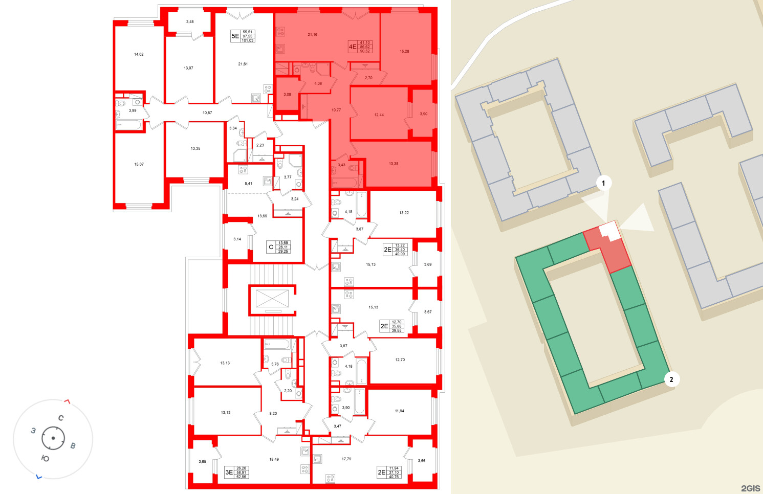 Квартира в ЖК Дубровский, 3 комнатная, 86.62 м², 2 этаж