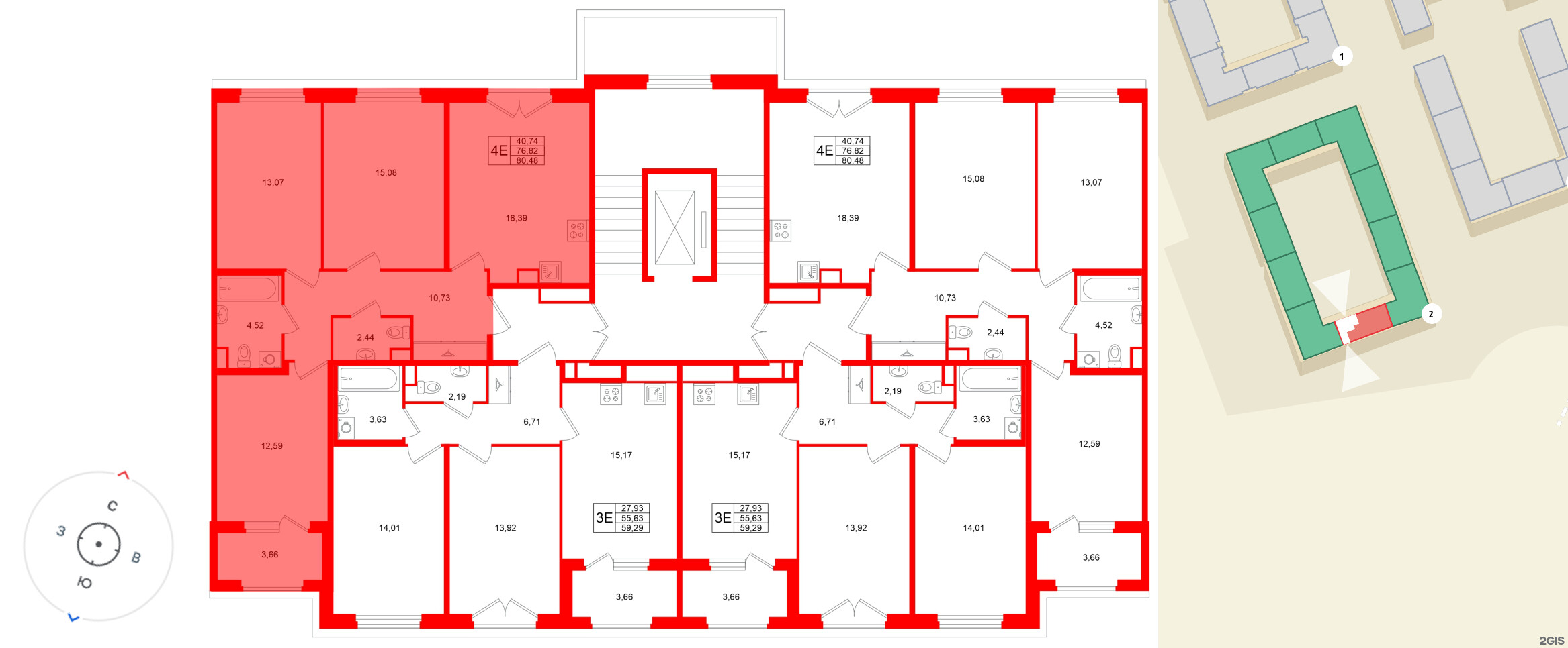 Квартира в ЖК Дубровский, 3 комнатная, 76.82 м², 2 этаж