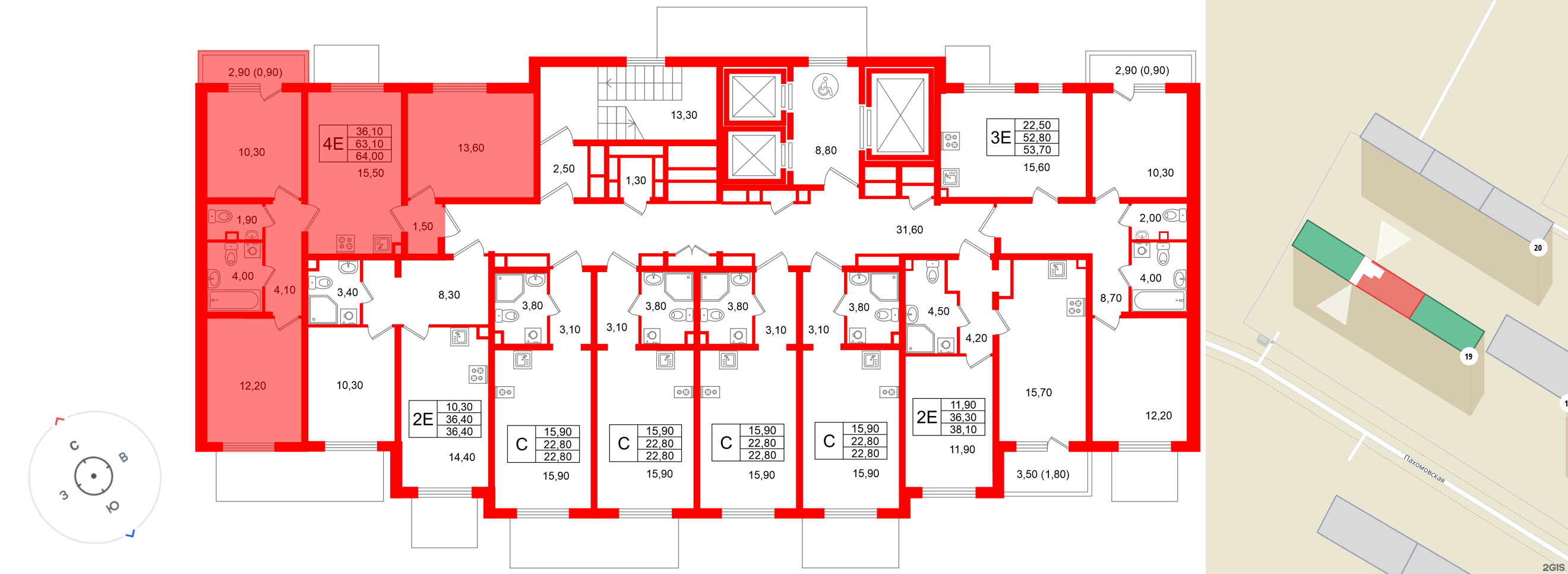 Квартира в ЖК «Ручьи–2», 3 комнатная, 64 м², 2 этаж