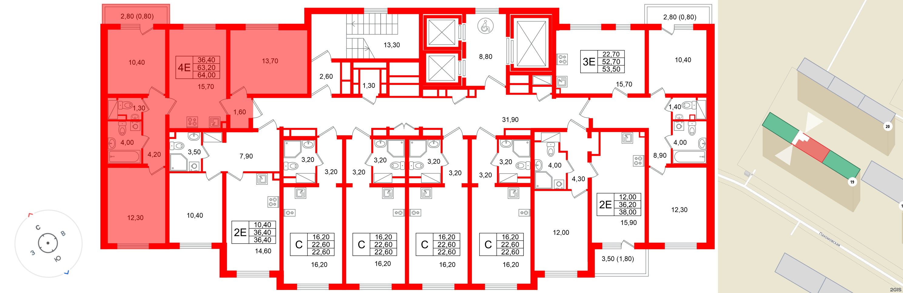 Квартира в ЖК «Ручьи–2», 3 комнатная, 64 м², 4 этаж