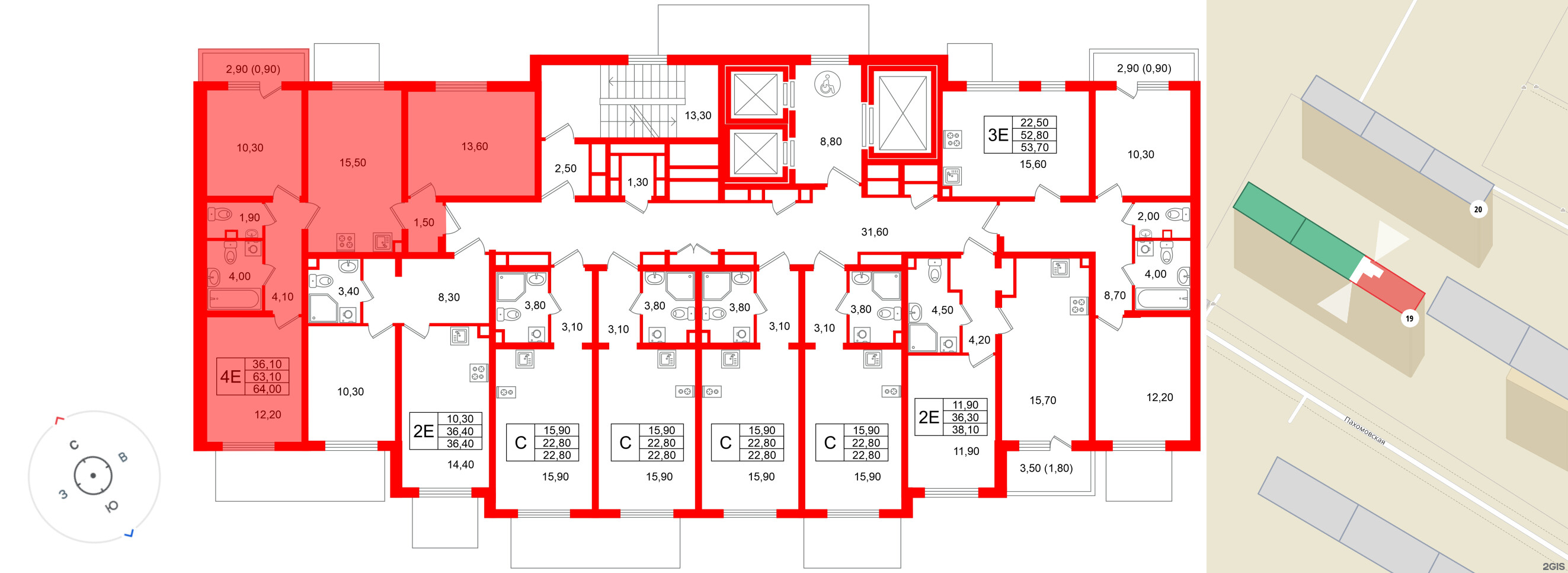 Квартира в ЖК «Ручьи–2», 3 комнатная, 64 м², 2 этаж