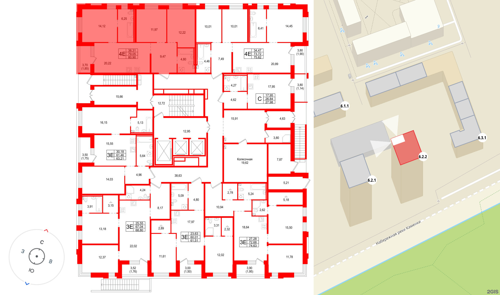 Квартира в ЖК «Сезоны», 3 комнатная, 80.9 м², 1 этаж