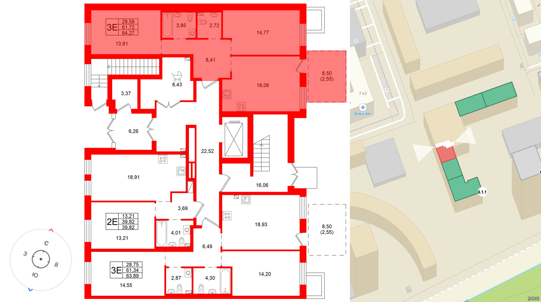 Квартира в ЖК «Сезоны», 2 комнатная, 64.27 м², 1 этаж