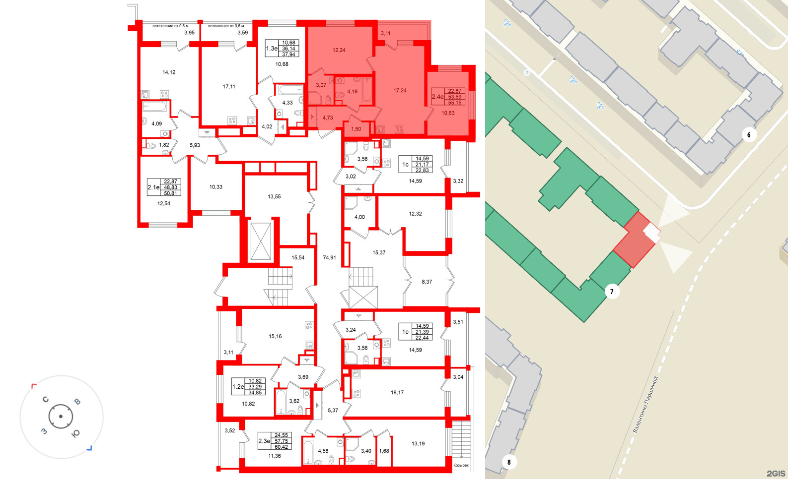 Квартира в ЖК Универ Сити, 2 комнатная, 53.59 м², 1 этаж