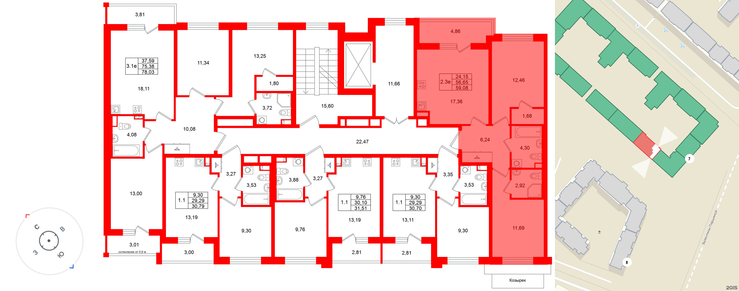 Квартира в ЖК Универ Сити, 2 комнатная, 56.65 м², 2 этаж