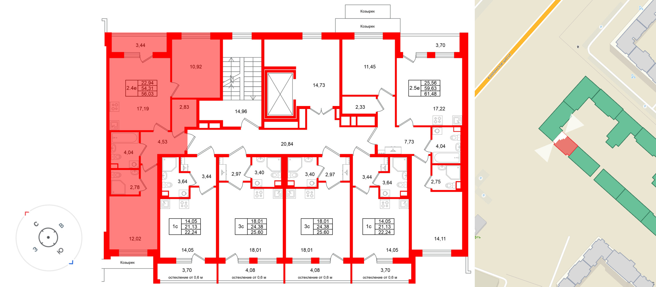 Квартира в ЖК Универ Сити, 2 комнатная, 54.31 м², 2 этаж