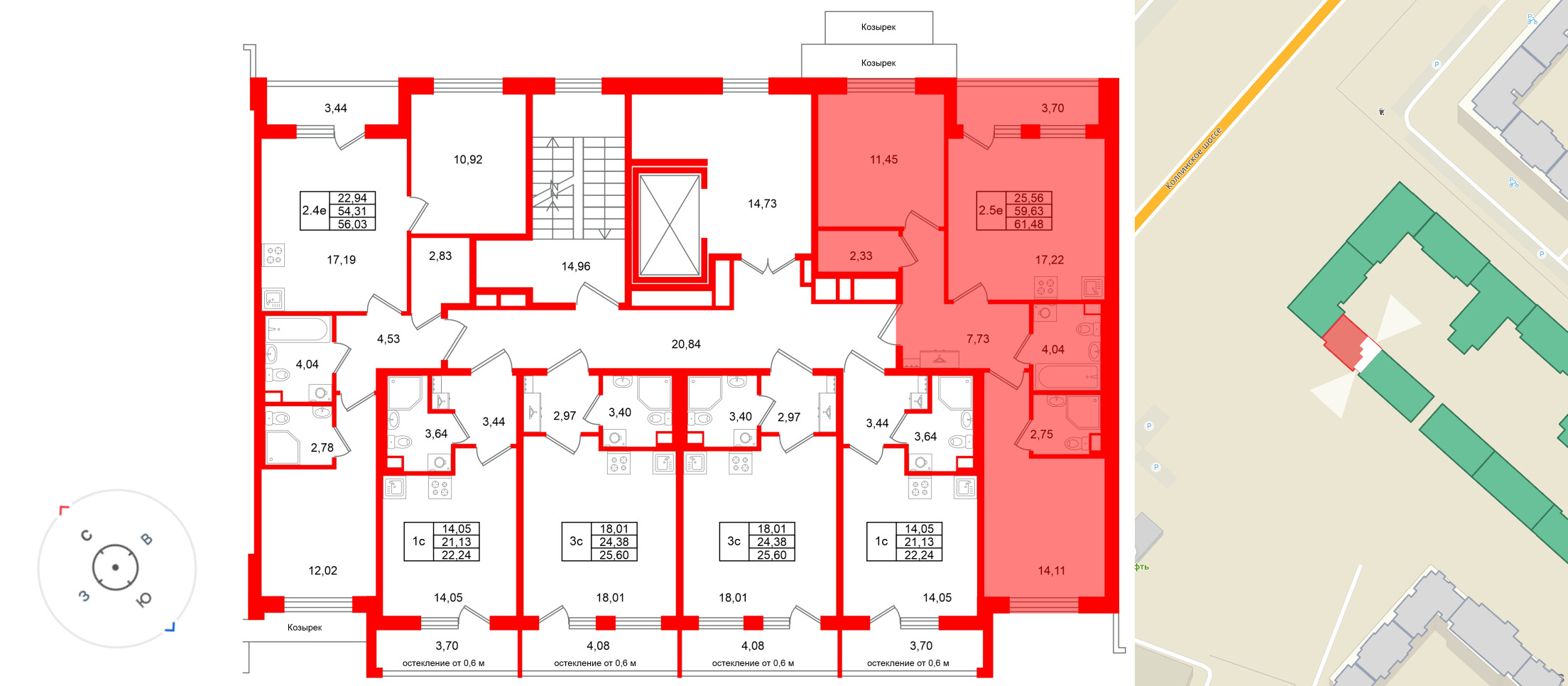 Квартира в ЖК Универ Сити, 2 комнатная, 59.63 м², 2 этаж