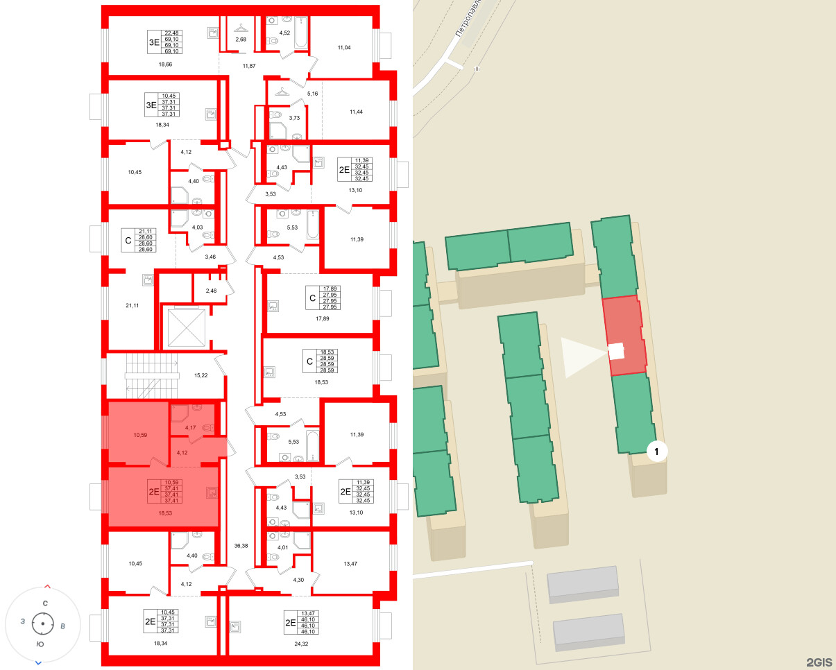 Квартира в ЖК «Брусника в Новоселье», 1 комнатная, 37.41 м², 2 этаж