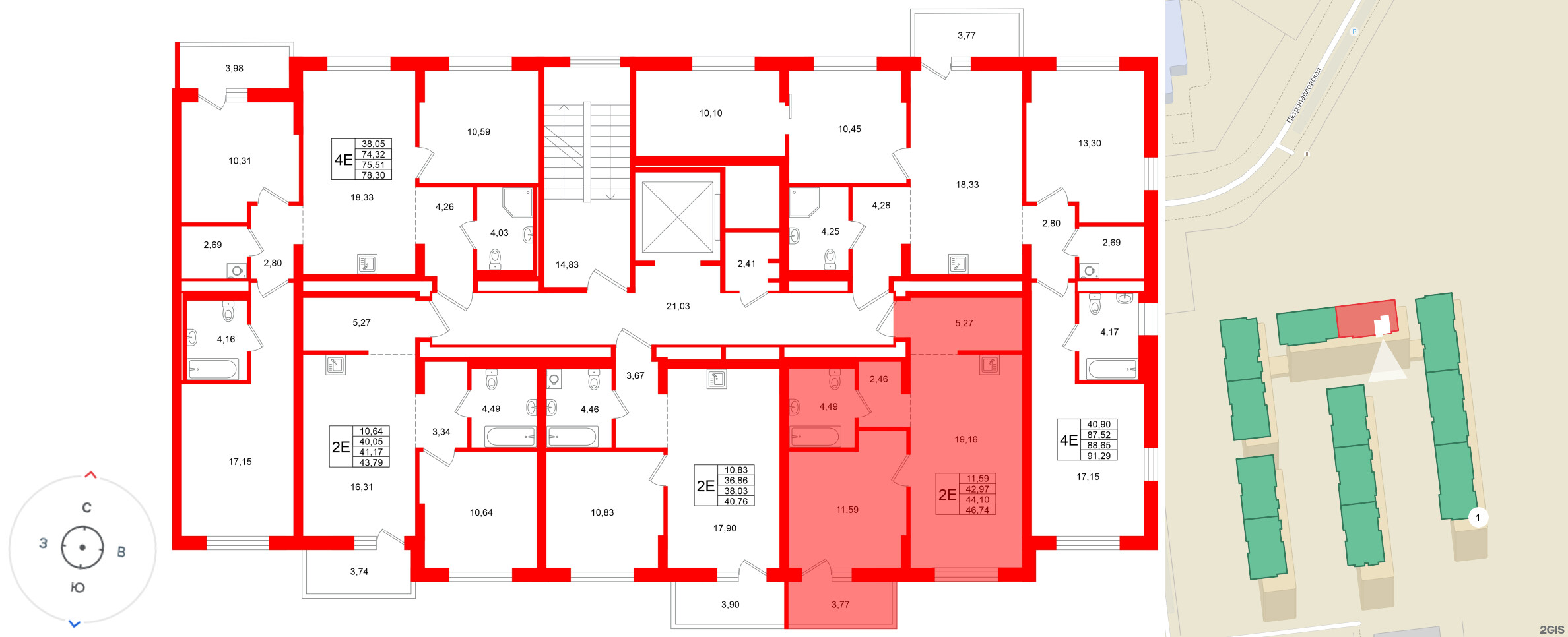 Квартира в ЖК «Брусника в Новоселье», 1 комнатная, 46.74 м², 5 этаж