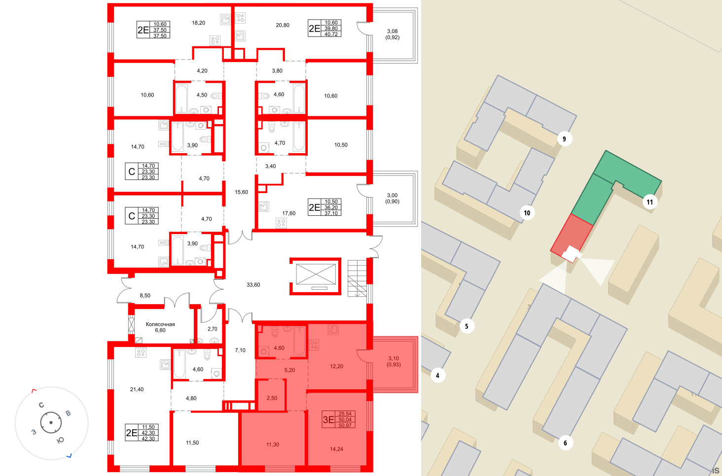 Квартира в ЖК «Плюс Пулковский», 2 комнатная, 50.97 м², 1 этаж