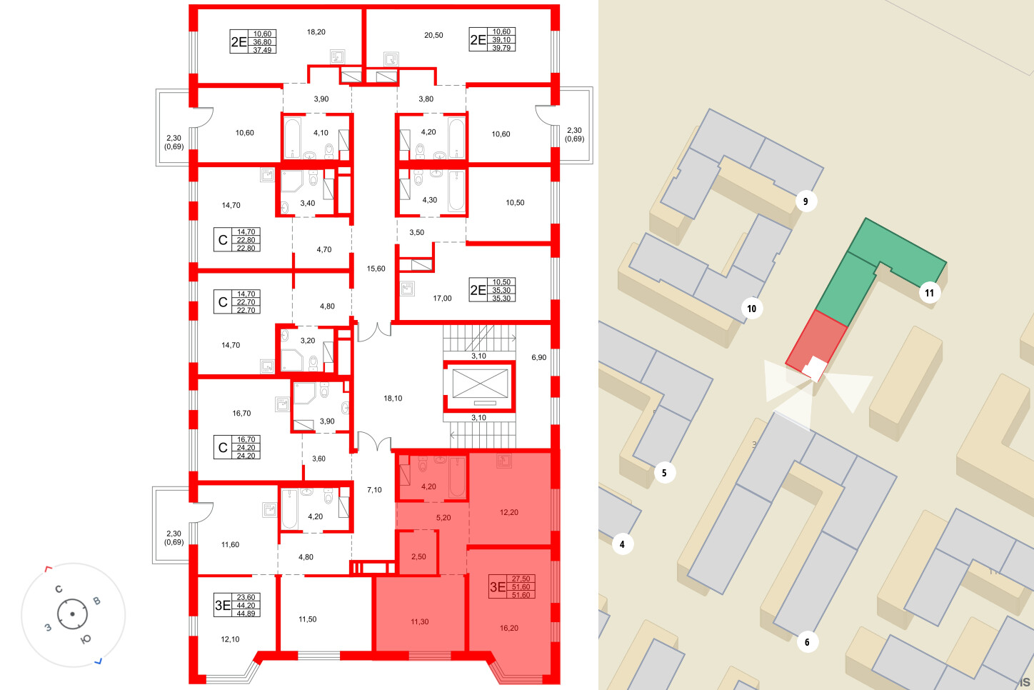 Квартира в ЖК «Плюс Пулковский», 2 комнатная, 51.6 м², 5 этаж
