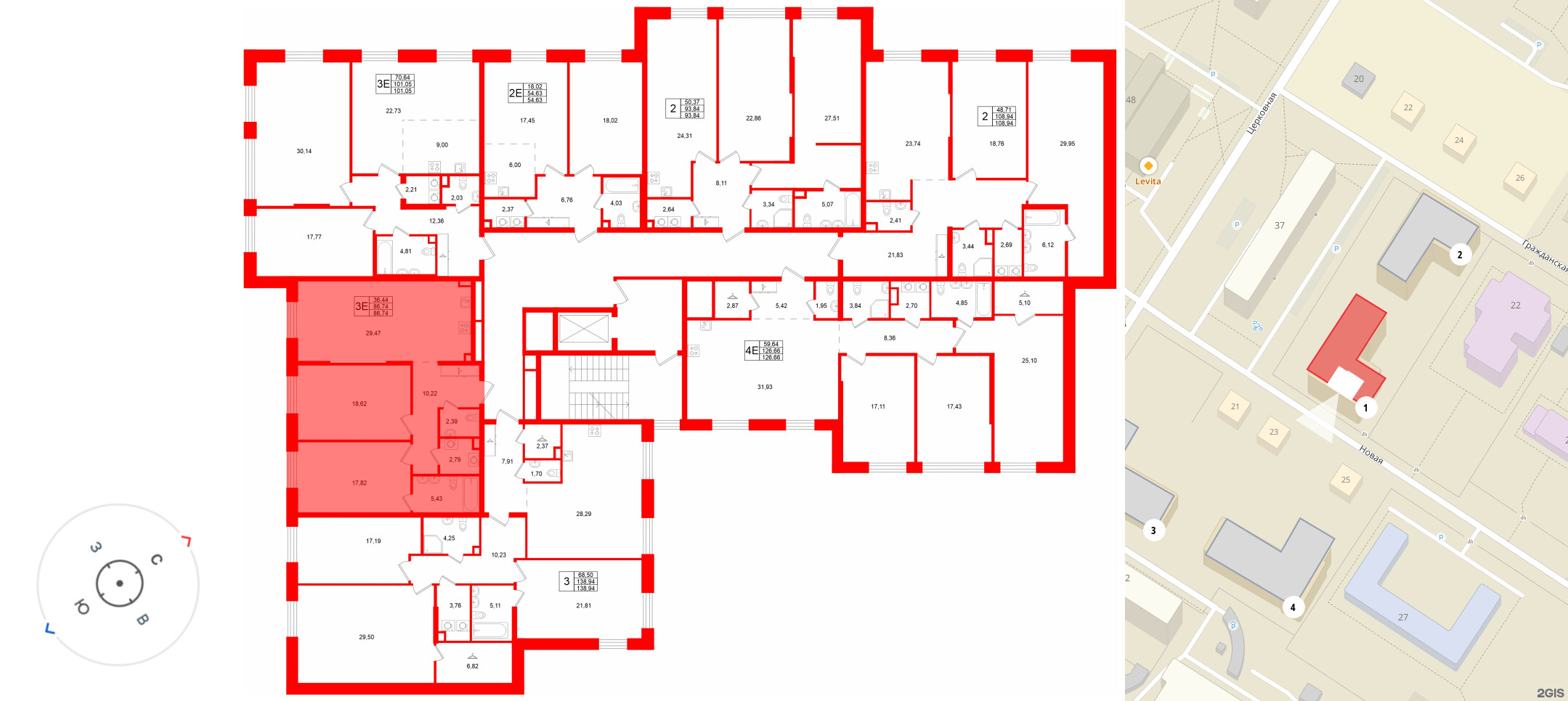 Квартира в ЖК «VI квартал», 2 комнатная, 86.74 м², 2 этаж