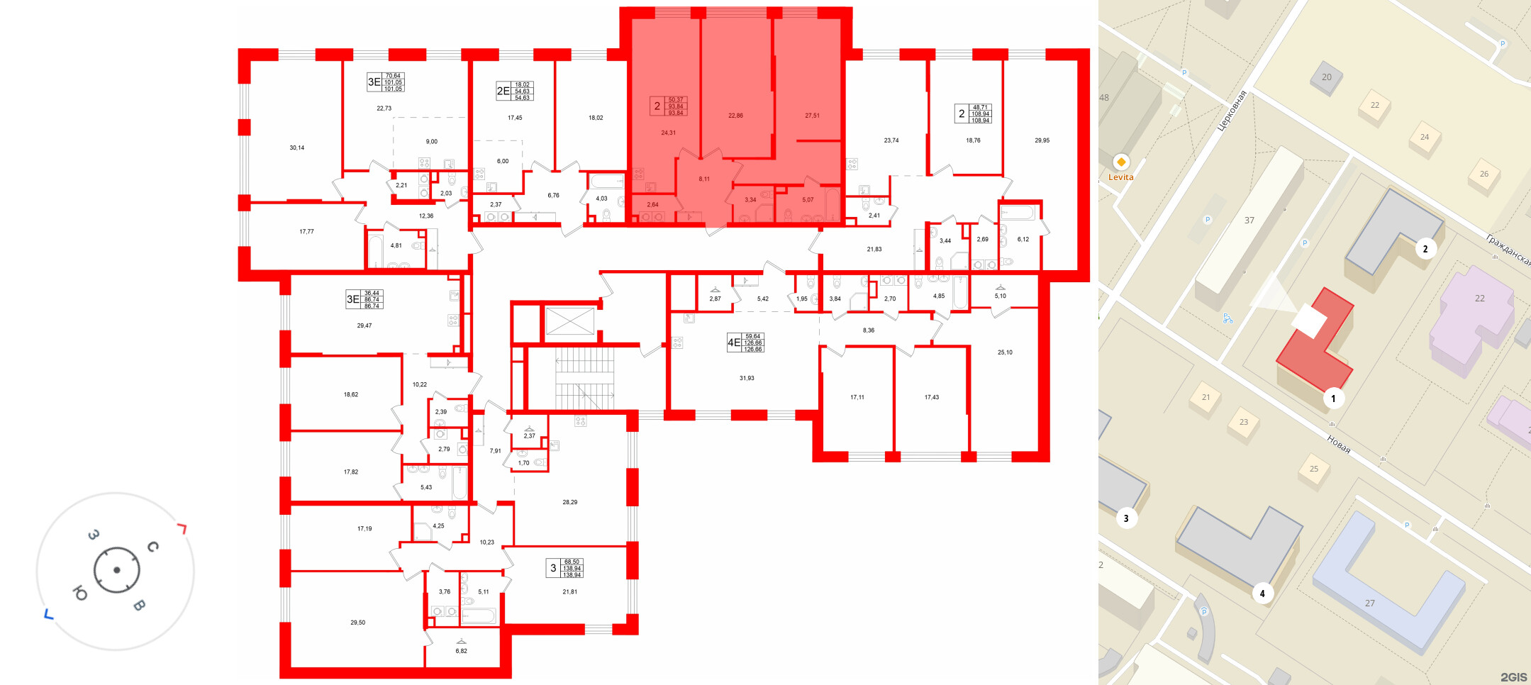 Квартира в ЖК «VI квартал», 2 комнатная, 93.84 м², 2 этаж