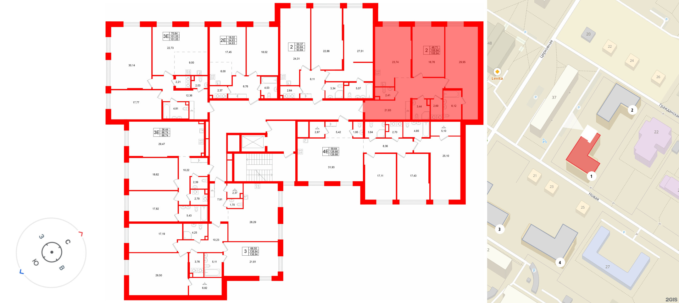 Квартира в ЖК «VI квартал», 2 комнатная, 108.94 м², 2 этаж