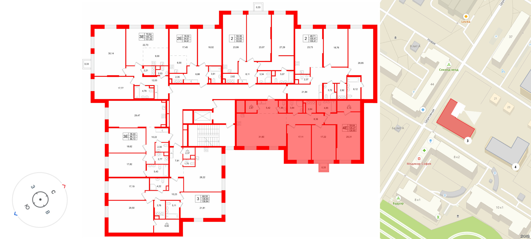 Квартира в ЖК «VI квартал», 3 комнатная, 126.6 м², 3 этаж