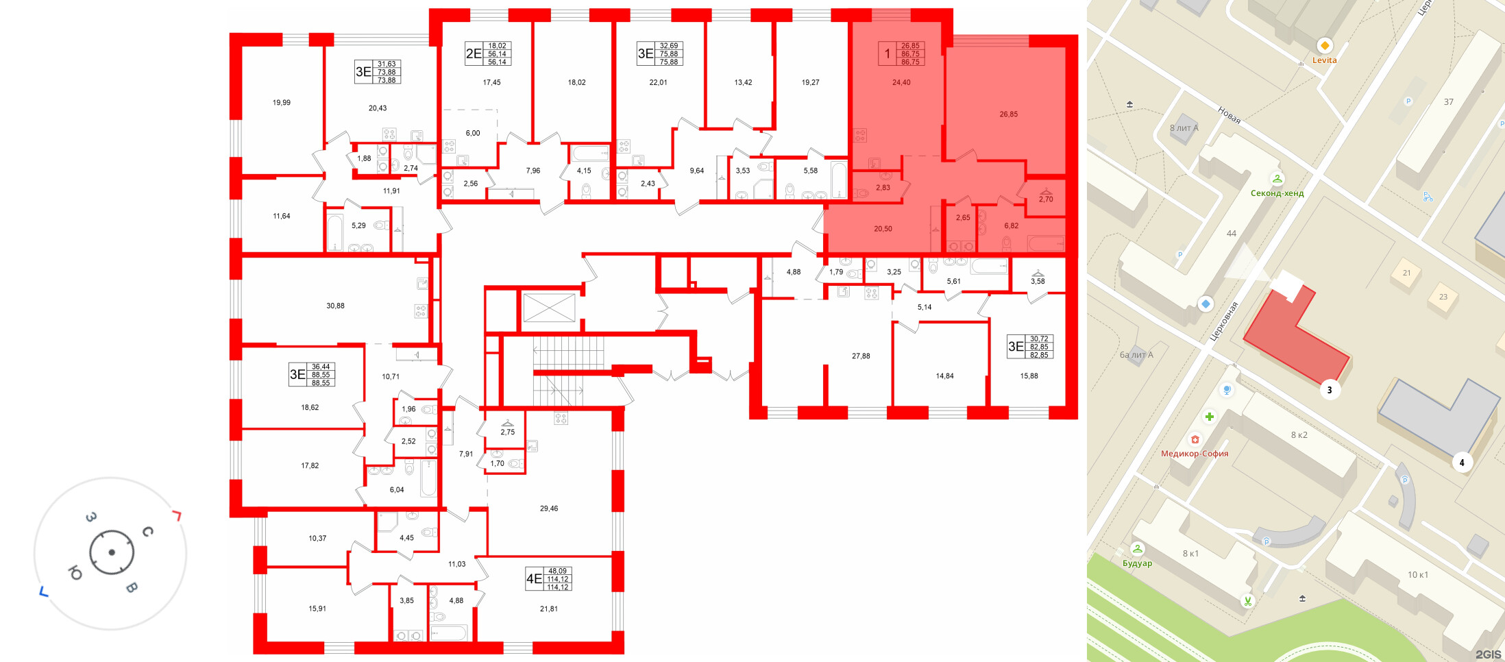 Квартира в ЖК «VI квартал», 1 комнатная, 86.75 м², 1 этаж
