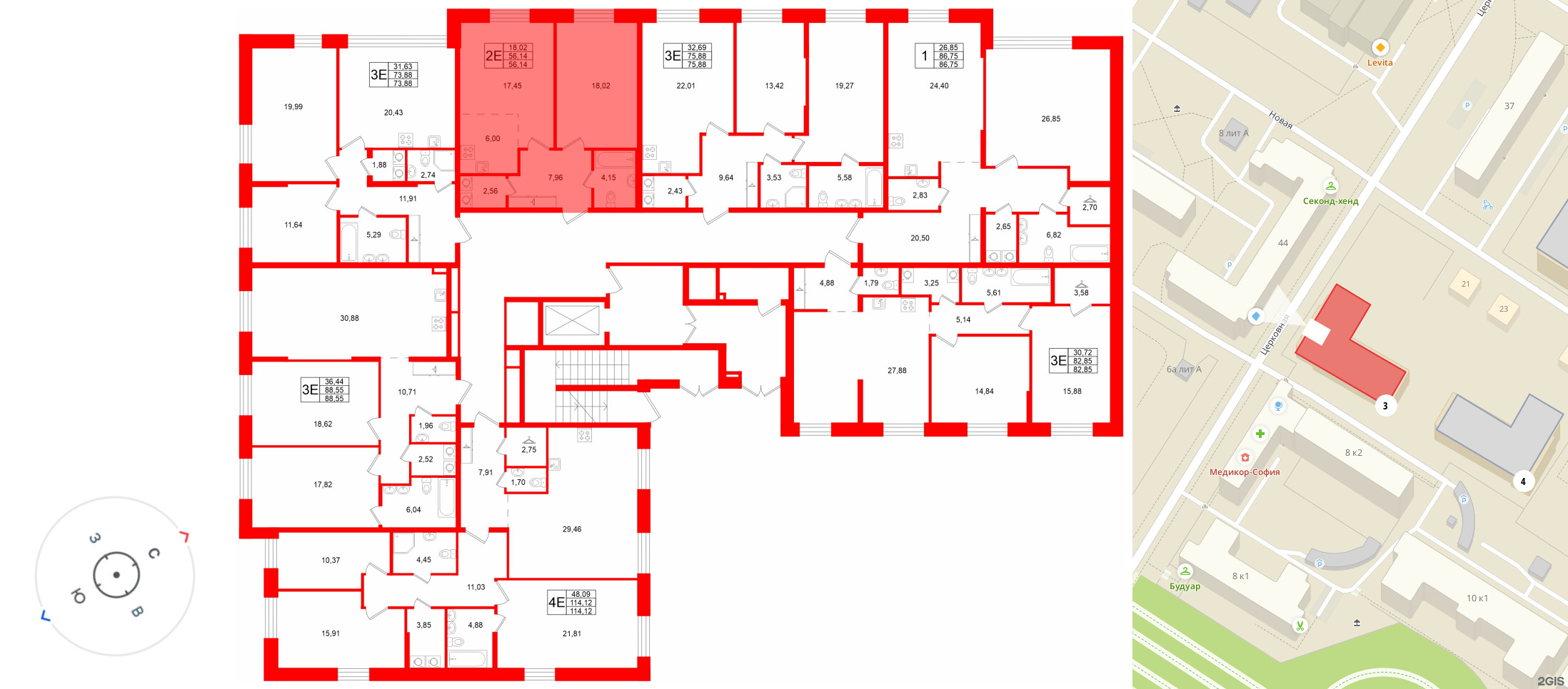 Квартира в ЖК «VI квартал», 1 комнатная, 56.14 м², 1 этаж