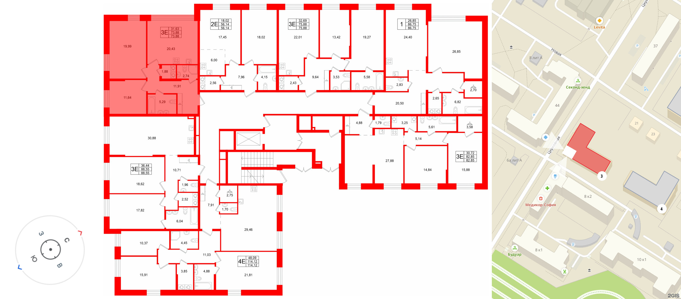 Квартира в ЖК «VI квартал», 2 комнатная, 73.88 м², 1 этаж