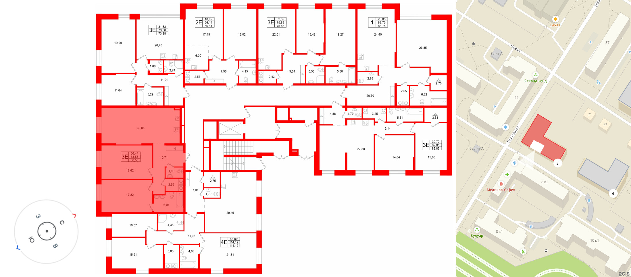 Квартира в ЖК «VI квартал», 2 комнатная, 88.55 м², 1 этаж