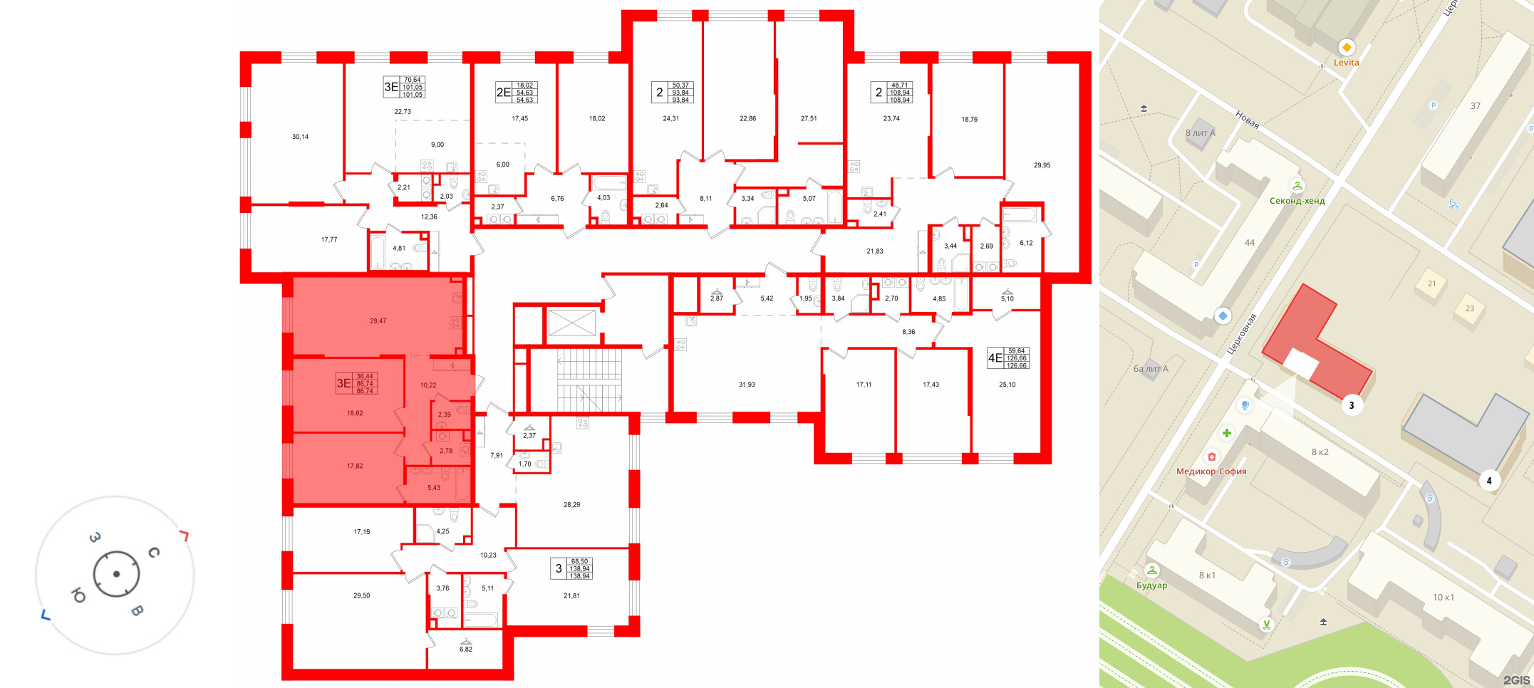 Квартира в ЖК «VI квартал», 2 комнатная, 86.74 м², 2 этаж