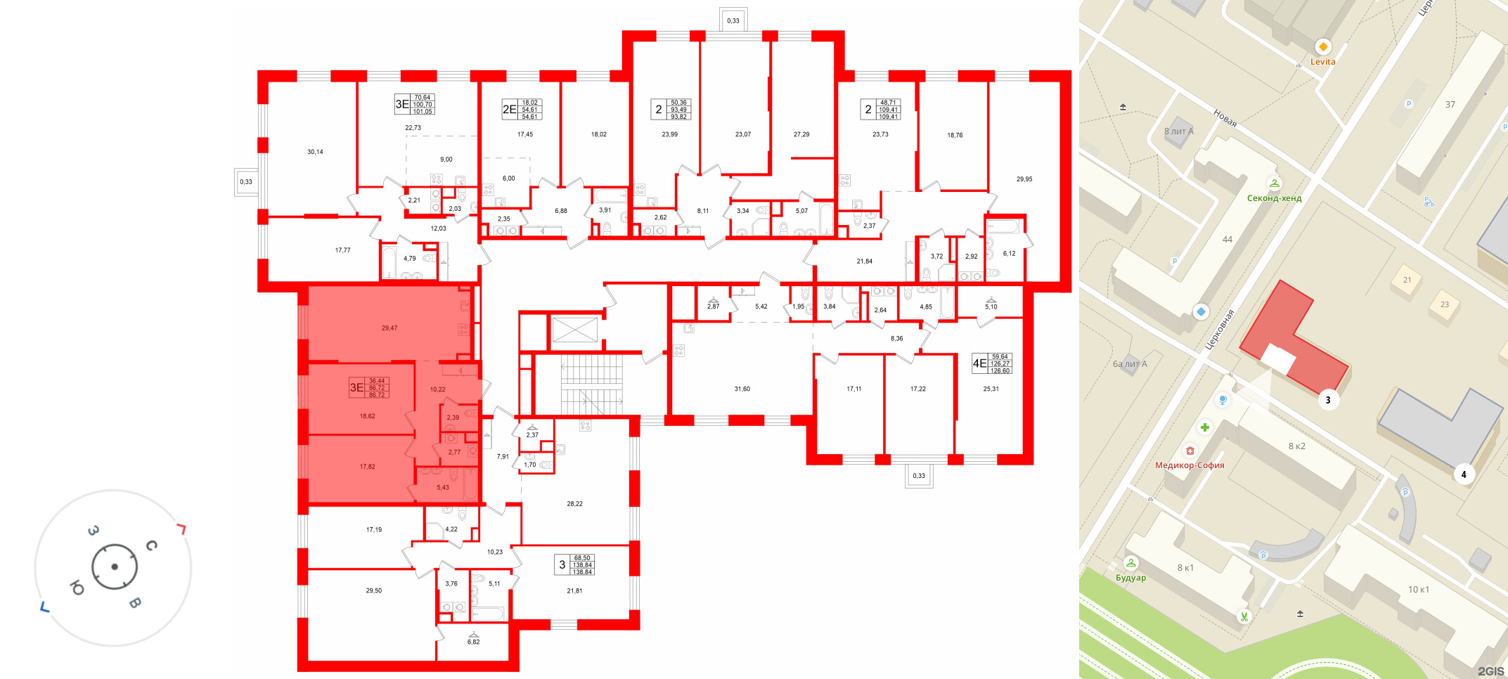 Квартира в ЖК «VI квартал», 2 комнатная, 86.72 м², 3 этаж