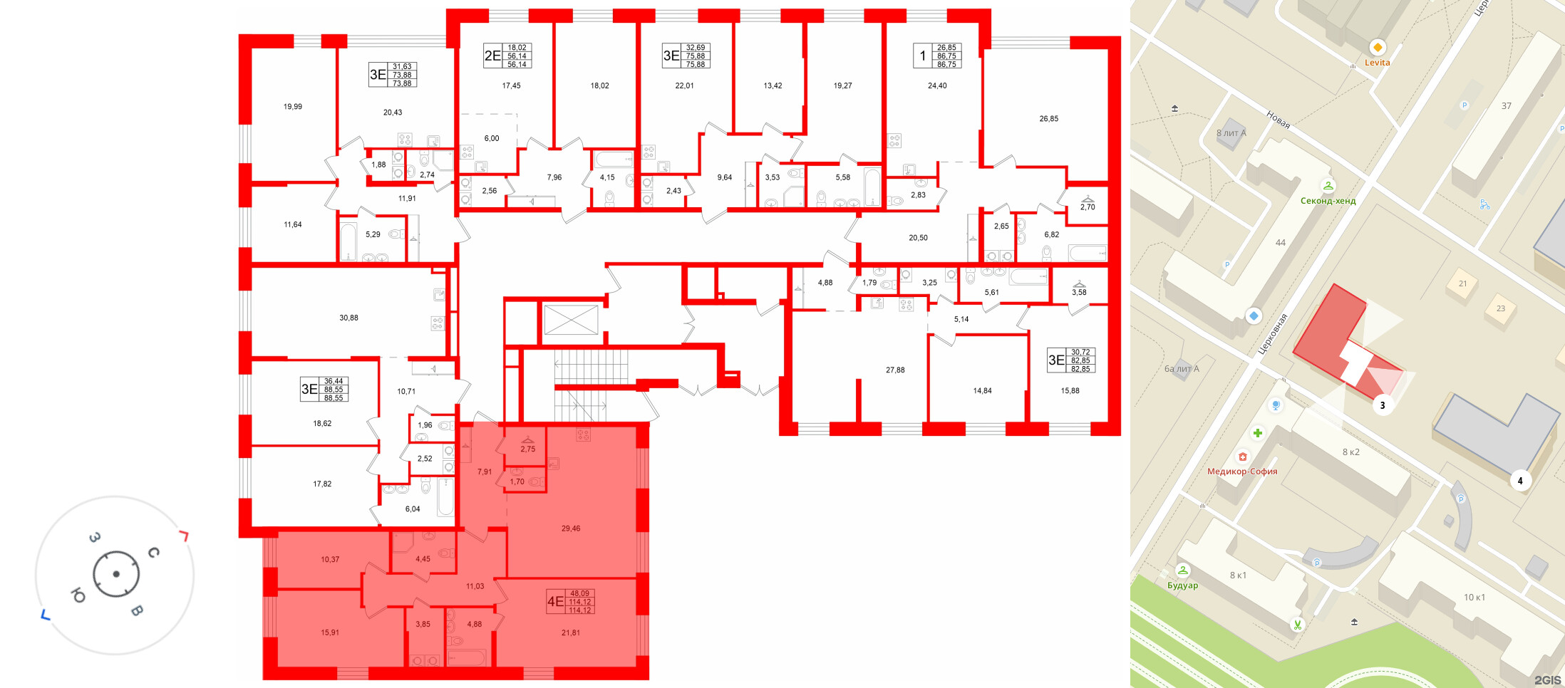 Квартира в ЖК «VI квартал», 3 комнатная, 114.12 м², 1 этаж