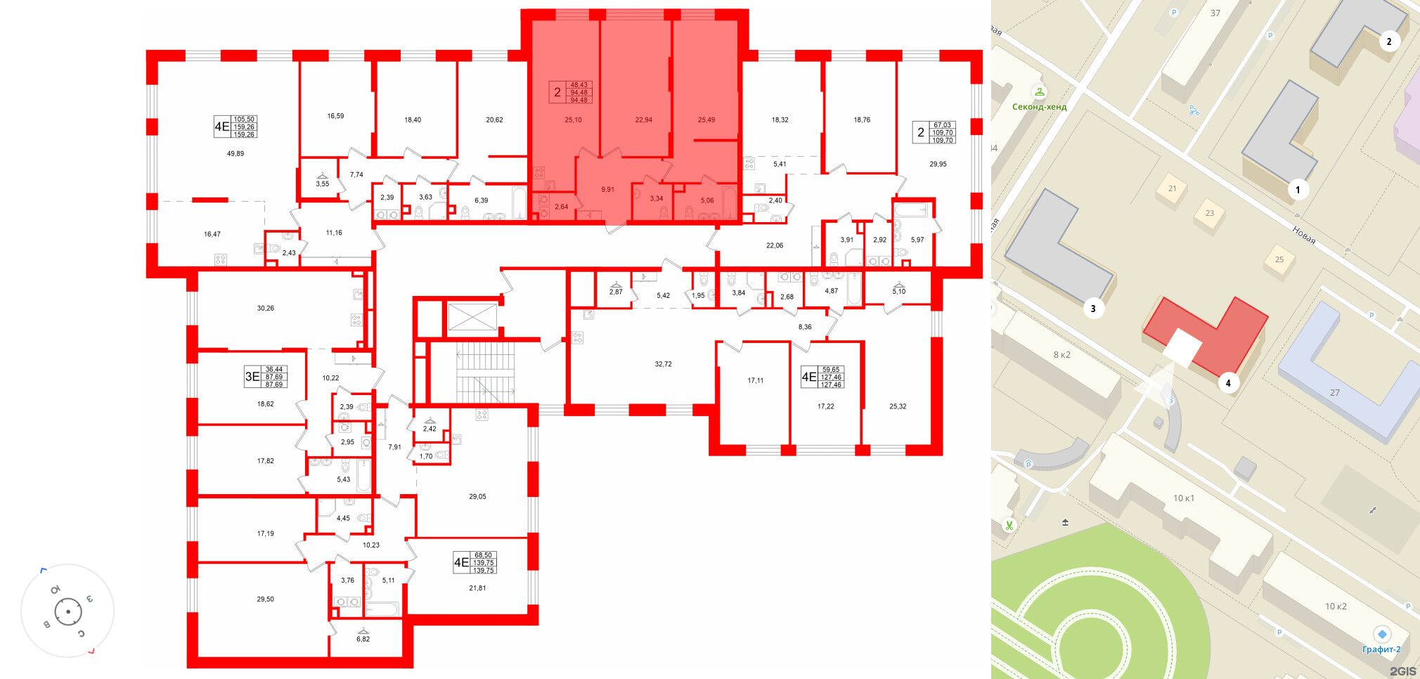 Квартира в ЖК «VI квартал», 2 комнатная, 94.48 м², 2 этаж