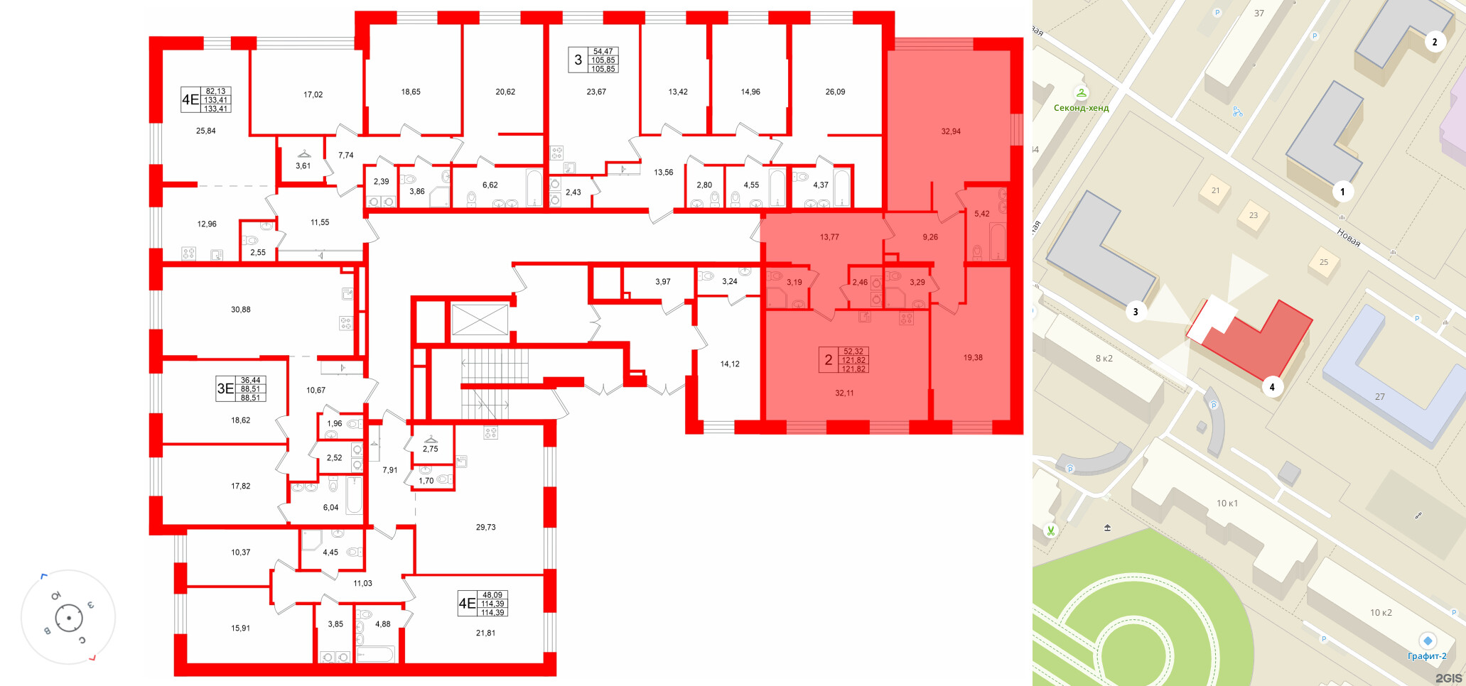 Квартира в ЖК «VI квартал», 2 комнатная, 121.82 м², 1 этаж