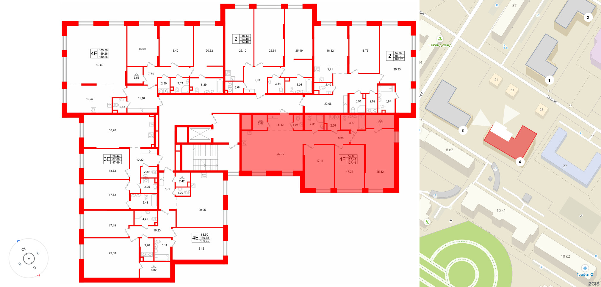 Квартира в ЖК «VI квартал», 3 комнатная, 127.46 м², 2 этаж