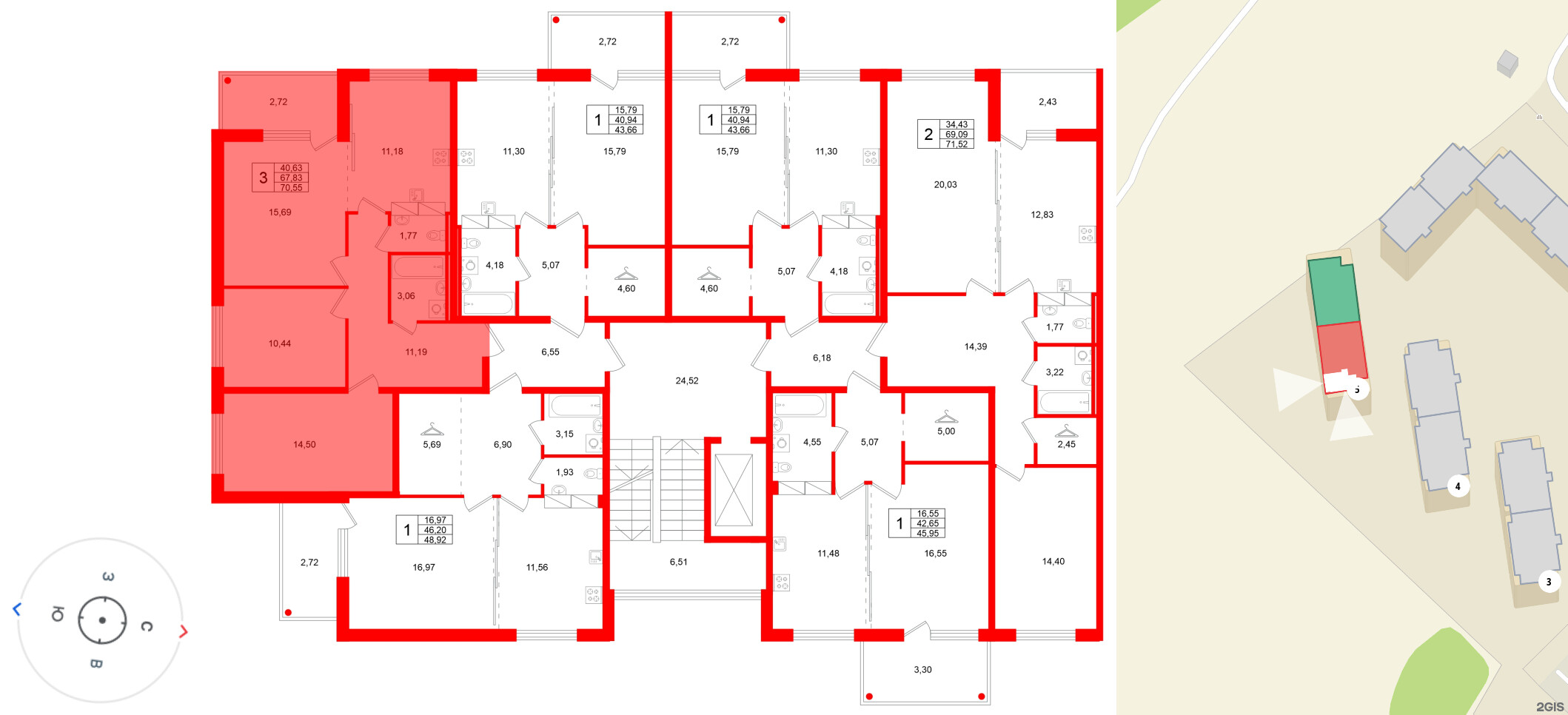 Квартира в ЖК «Финский Квартал», 3 комнатная, 70.55 м², 5 этаж