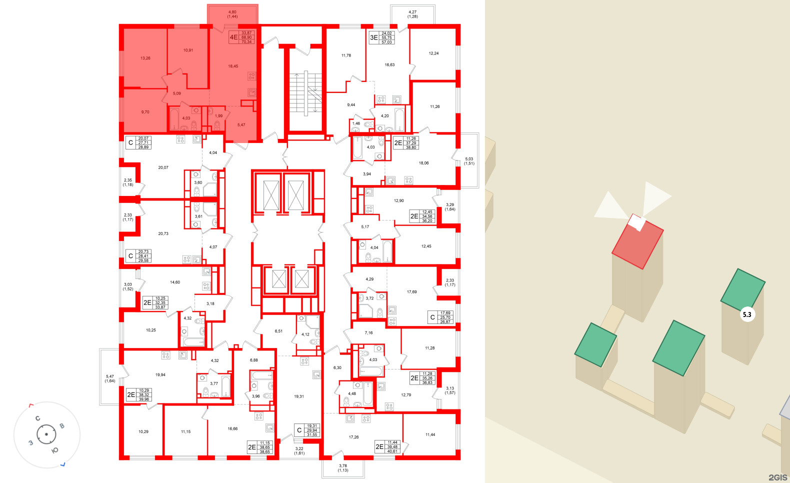 Квартира в ЖК «Имена», 3 комнатная, 70.34 м², 2 этаж