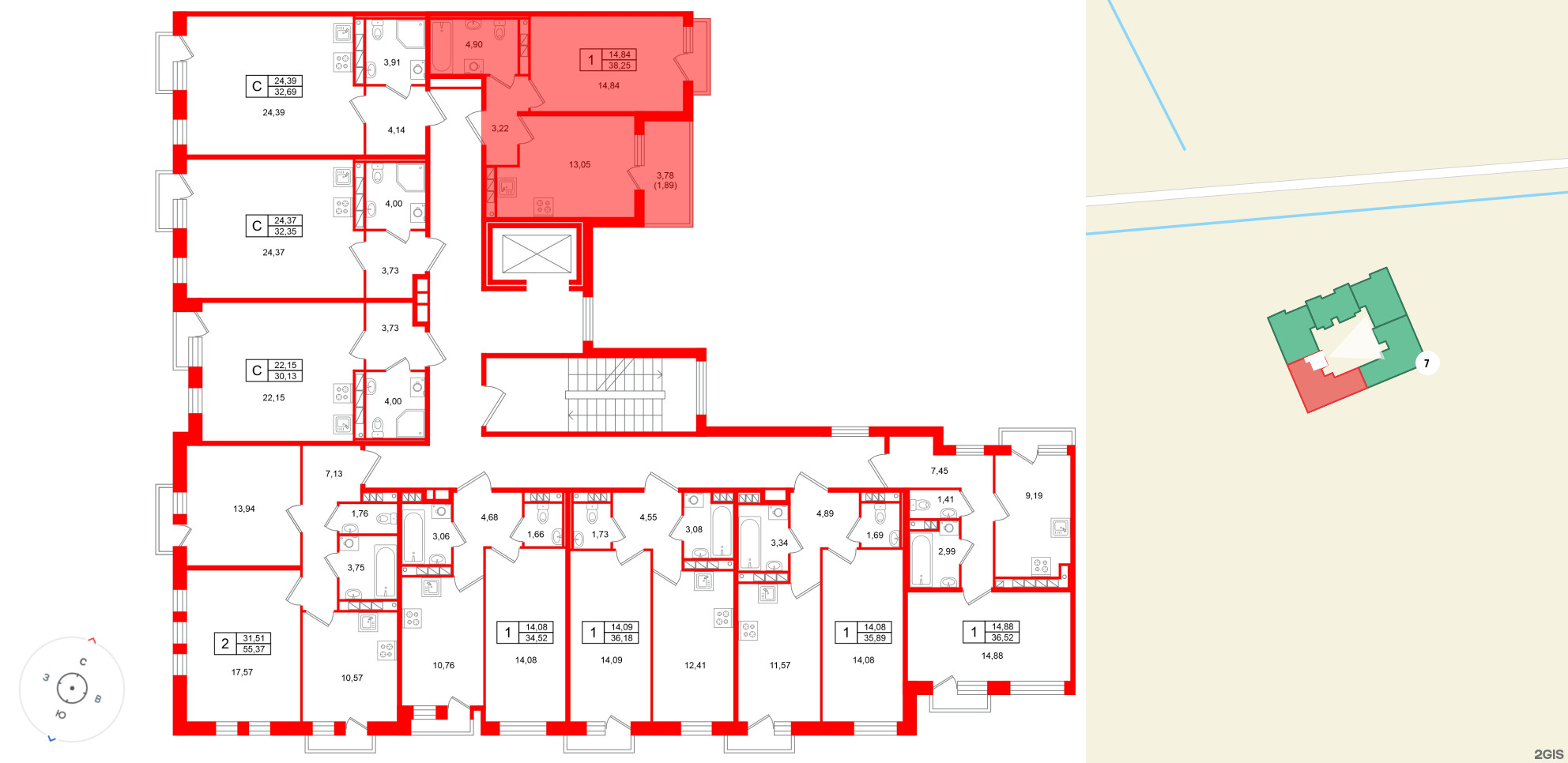 Квартира в ЖК «Слобода», 1 комнатная, 38.25 м², 3 этаж