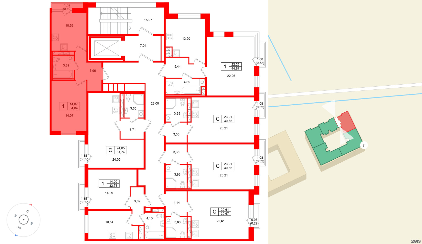 Квартира в ЖК «Слобода», 1 комнатная, 34.84 м², 2 этаж