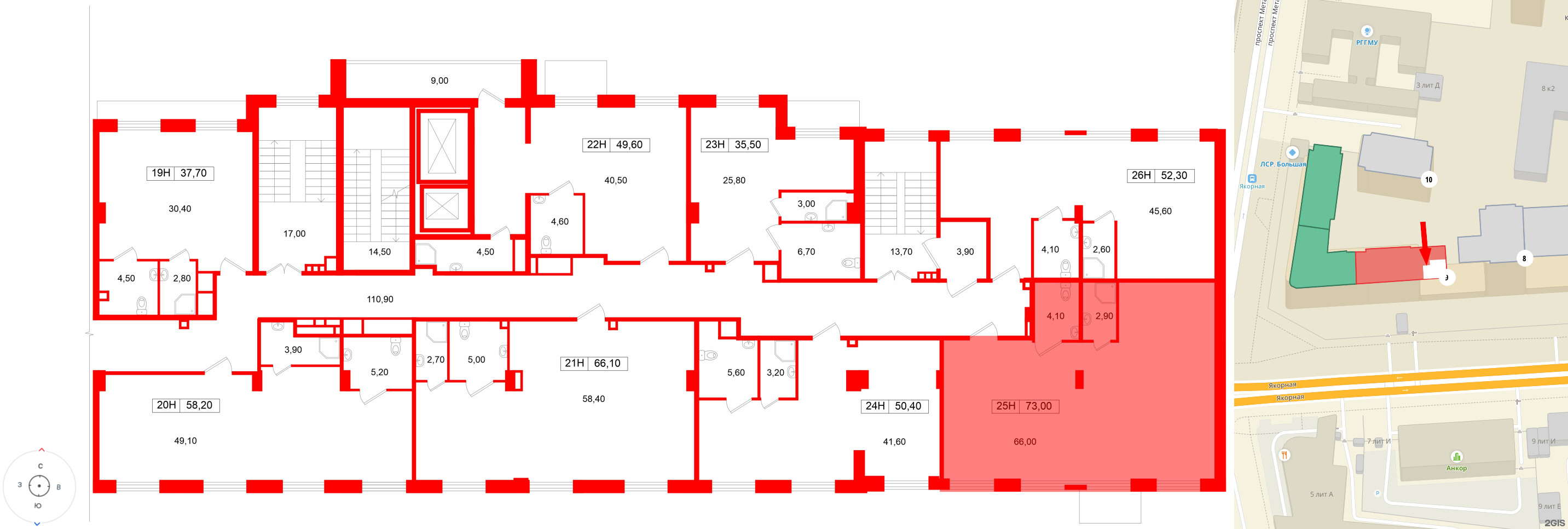 Помещение в ЖК Большая Охта., 52.3 м², 2 этаж