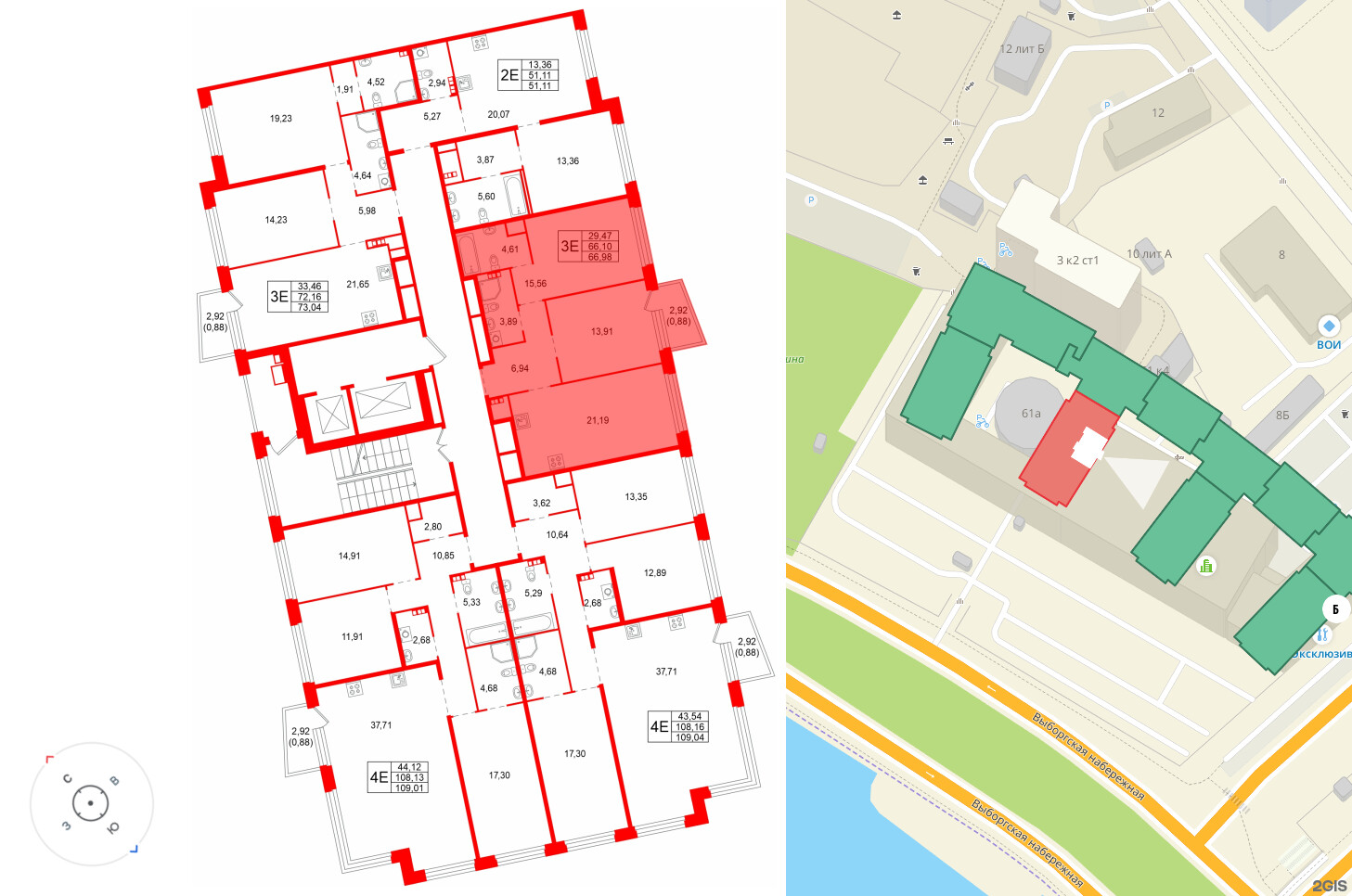 Квартира в ЖК Акватория, 2 комнатная, 66.98 м², 5 этаж