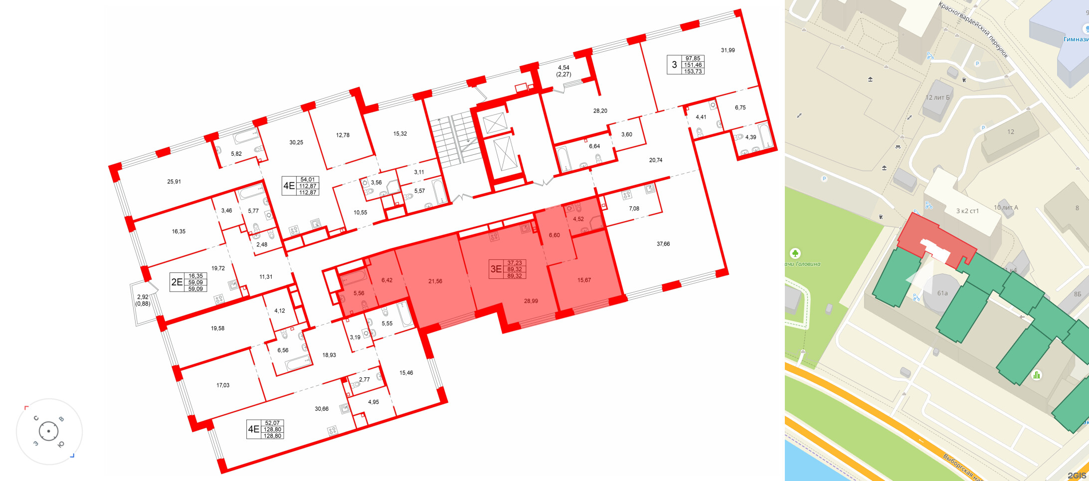 Квартира в ЖК Акватория, 2 комнатная, 89.32 м², 3 этаж