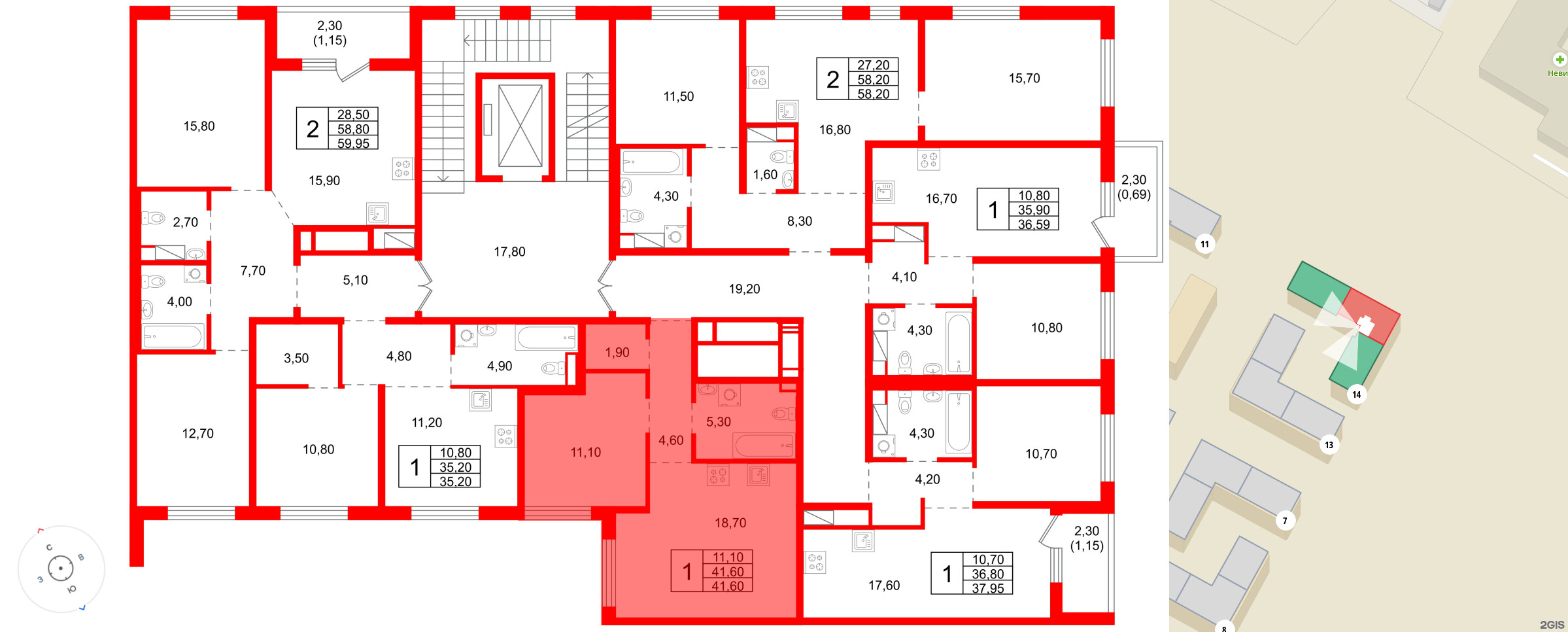 Квартира в ЖК «Плюс Пулковский», 1 комнатная, 41.6 м², 2 этаж