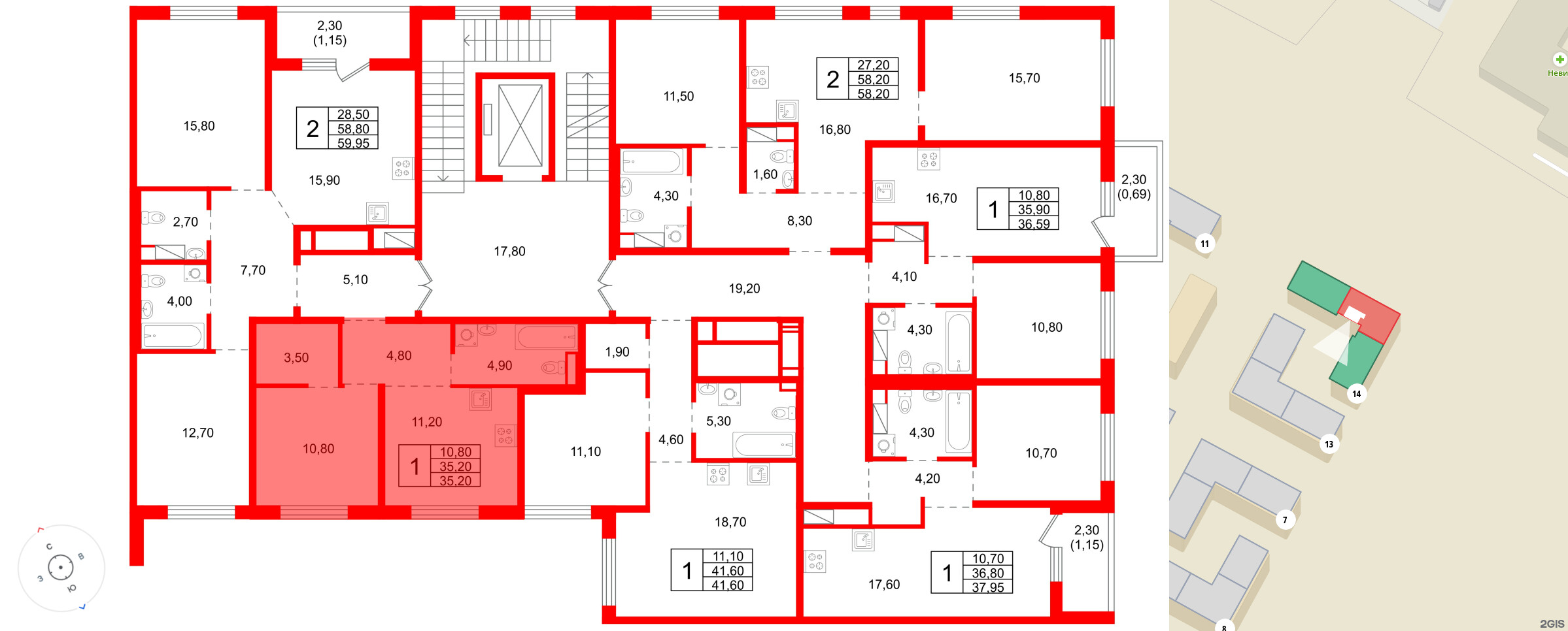 Квартира в ЖК «Плюс Пулковский», 1 комнатная, 35.2 м², 2 этаж